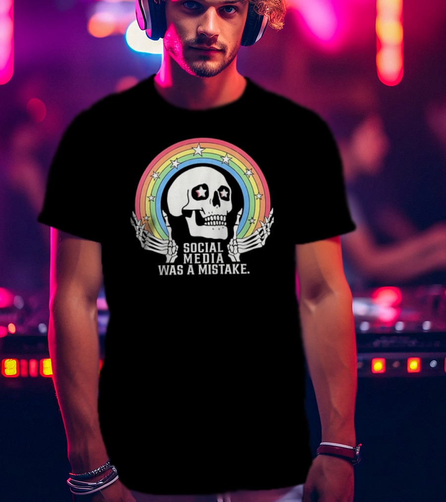 Skull Social Media Was A Mistake Rainbow Retro Stars T-Shirt