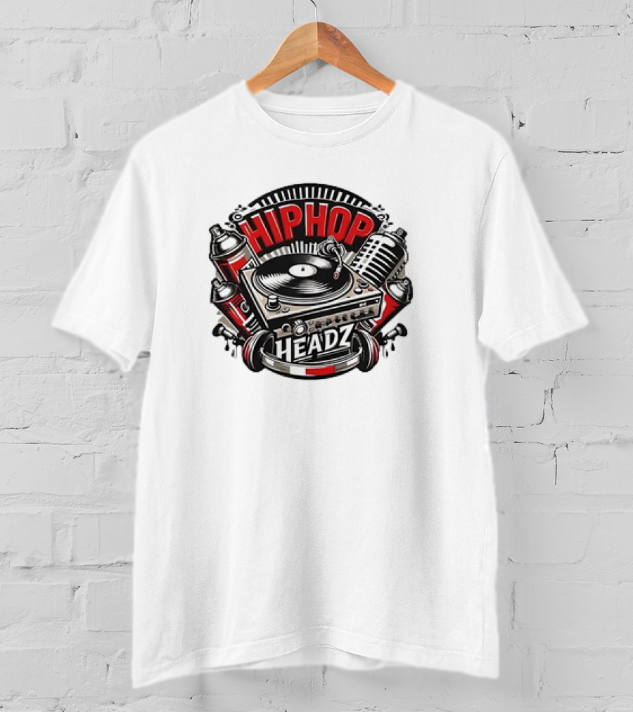 Hip Hop Headz Vinyl Record Player Turntable Spray Cans Microphone T-Shirt