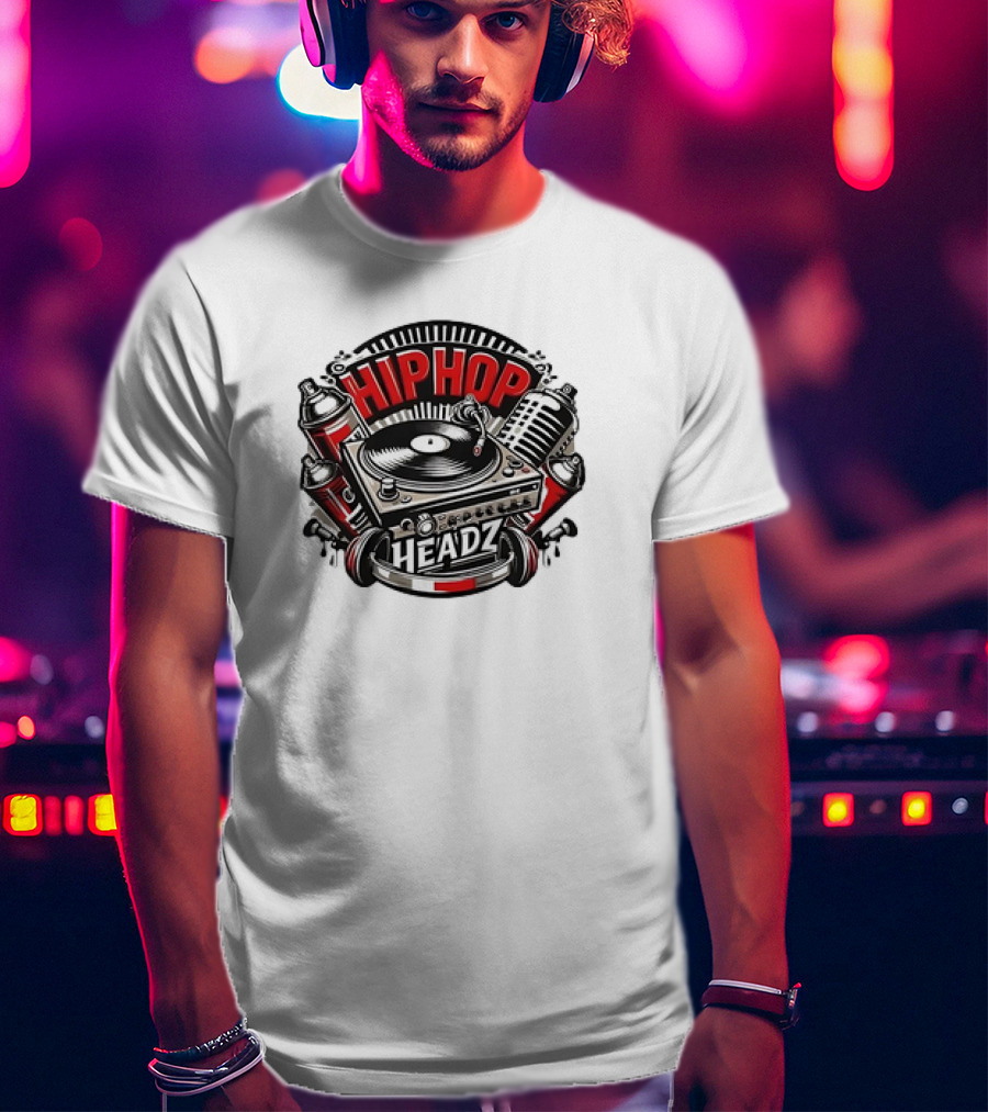 Hip Hop Headz Vinyl Record Player Turntable Spray Cans Microphone T-Shirt