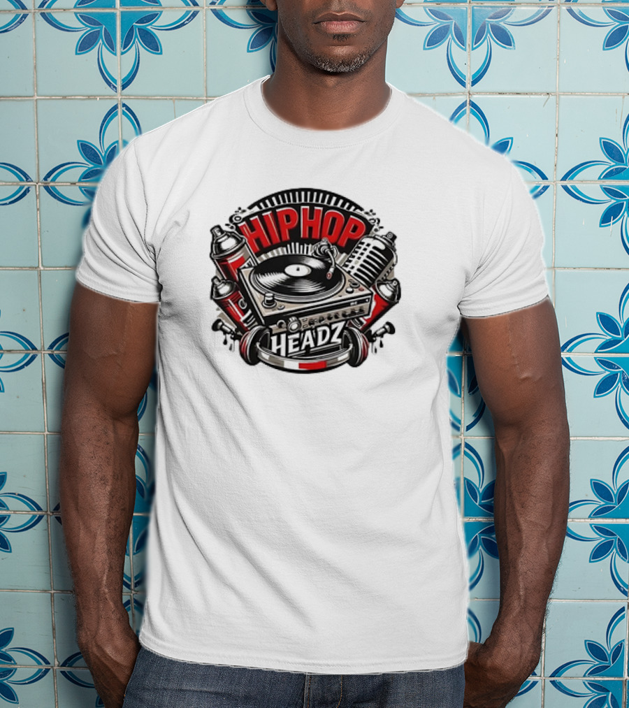 Hip Hop Headz Vinyl Record Player Turntable Spray Cans Microphone T-Shirt