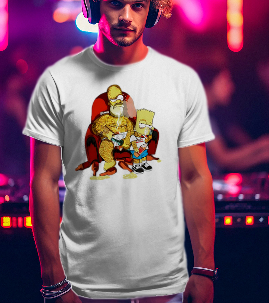 Homer Simpson Bart Simpson Gangster Smoking Money Sitting Chair T-Shirt