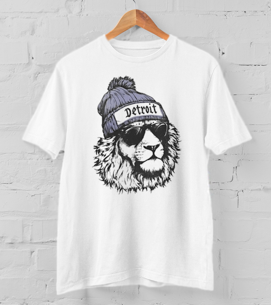 Detroit Lion Wearing Sunglasses And Beanie T-Shirt