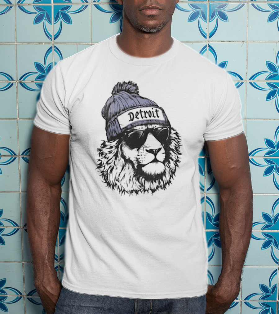 Detroit Lion Wearing Sunglasses And Beanie T-Shirt