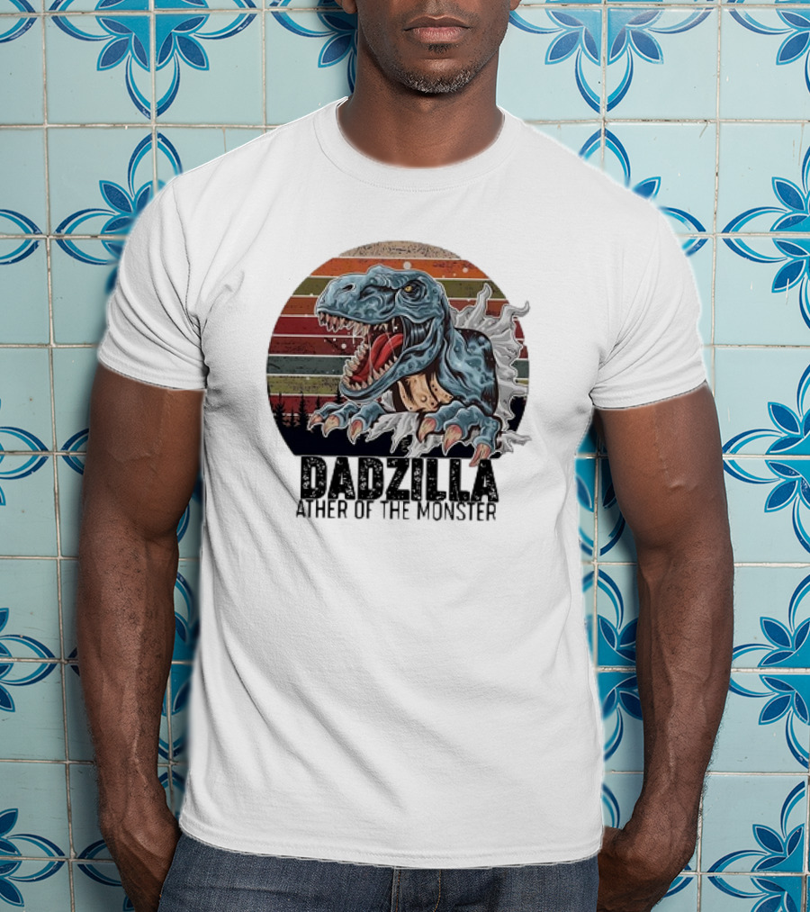 Dadzilla Ather Of The Monster Vintage Dinosaur Retro Stripes T-Shirt