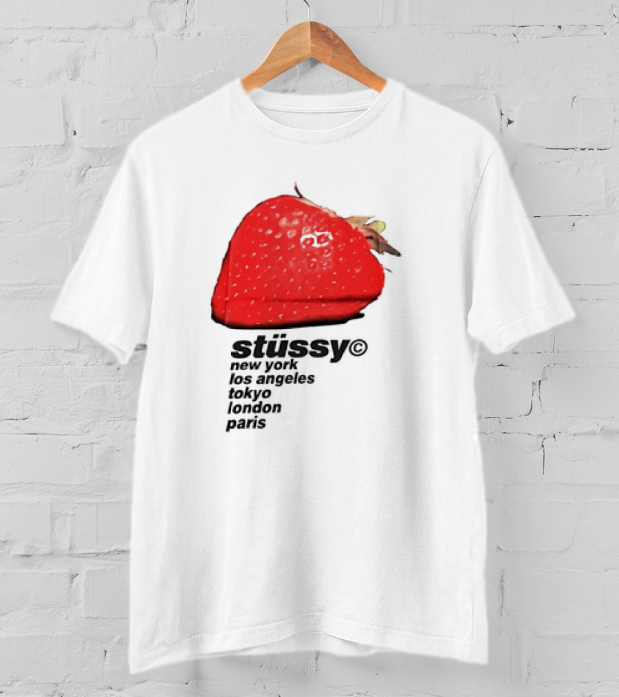 Stussy Strawberry Design New York Los Angeles Tokyo London Paris T-Shirt
