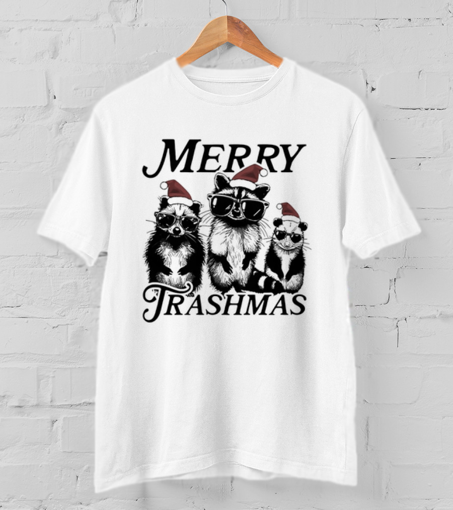 Merry Trashmas Raccoons In Santa Hats With Sunglasses Christmas T-Shirt