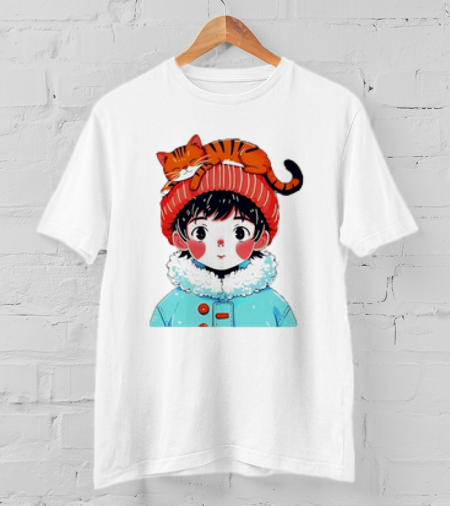 Cute Anime Child In Winter Coat With Adorable Cat Hat T-Shirt