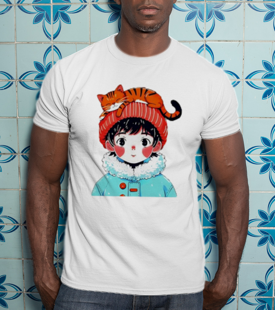 Cute Anime Child In Winter Coat With Adorable Cat Hat T-Shirt