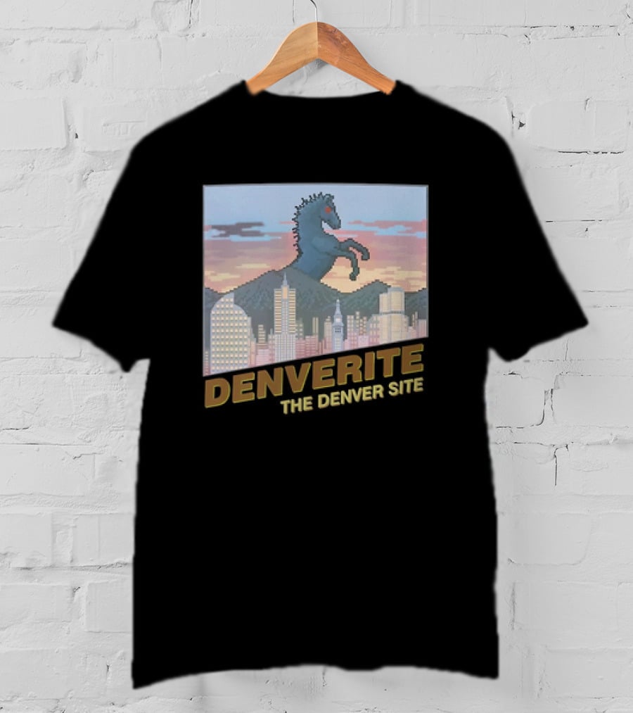 Denverite The Denver Site City Skyline And Rearing Blue Mustang T-Shirt