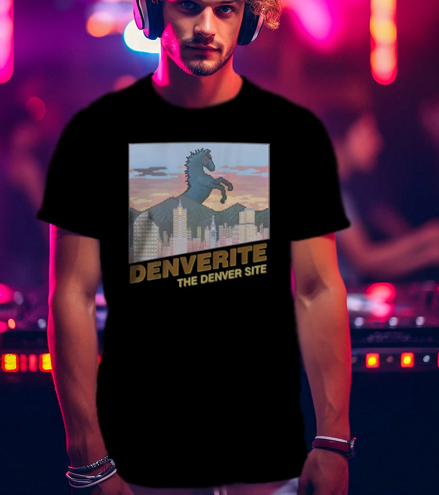 Denverite The Denver Site City Skyline And Rearing Blue Mustang T-Shirt