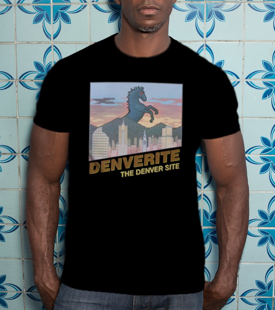 Denverite The Denver Site City Skyline And Rearing Blue Mustang T-Shirt