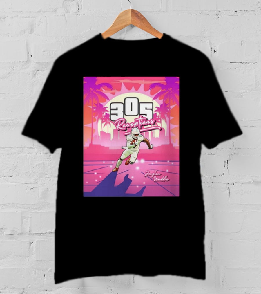 Jaylen Waddle 305 Receptions Miami Dolphins Tropical Sunset Scene T-Shirt