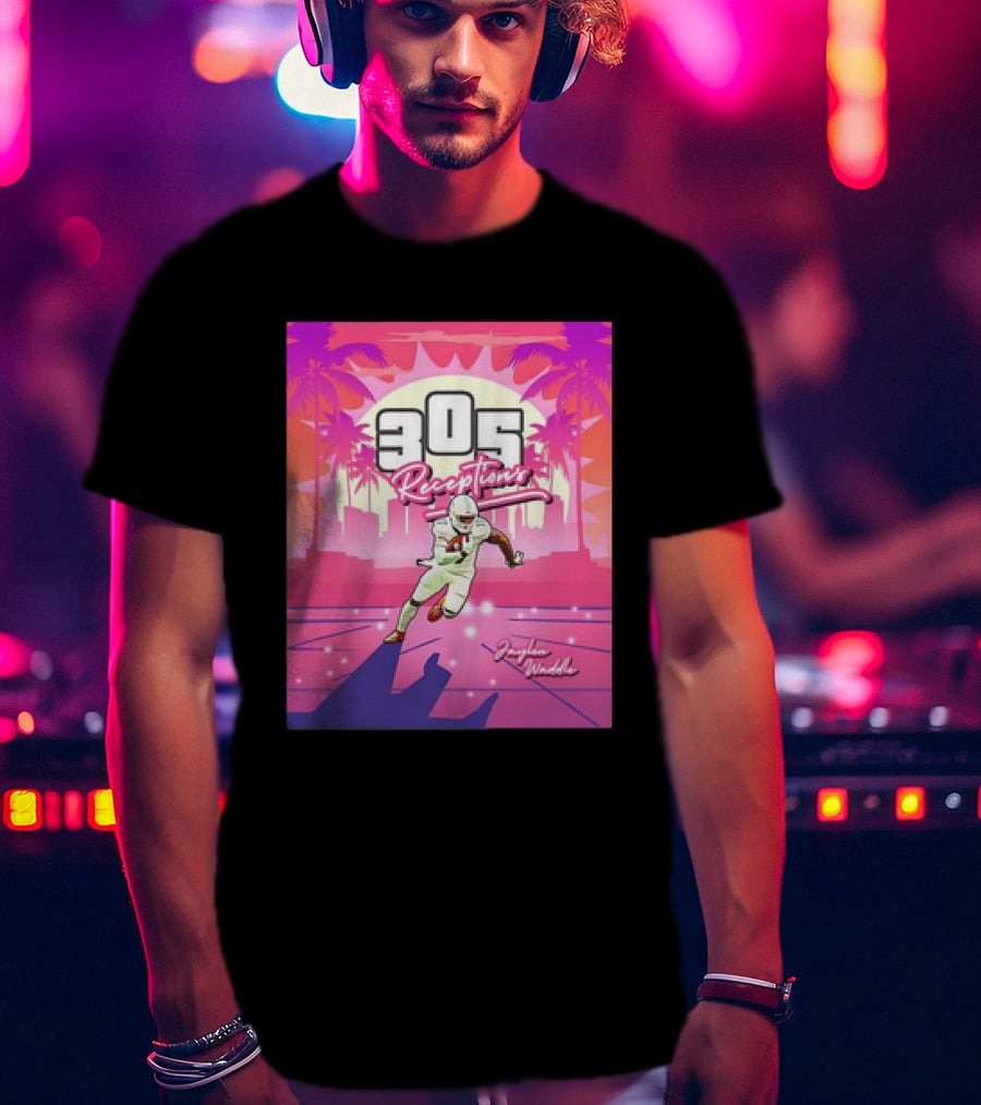 Jaylen Waddle 305 Receptions Miami Dolphins Tropical Sunset Scene T-Shirt