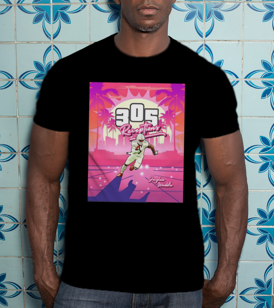 Jaylen Waddle 305 Receptions Miami Dolphins Tropical Sunset Scene T-Shirt