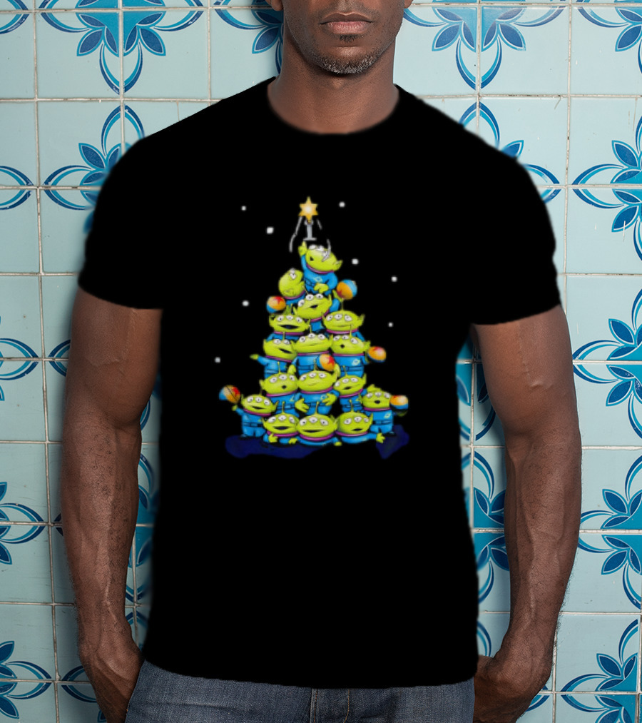 Aliens From Toy Story Forming Christmas Tree Tower With Star And Snowflakes T-Shirt