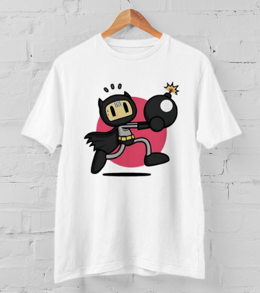 Batman Meets Bomberman Crossover With Iconic Superhero Cape And Explosive Action T-Shirt