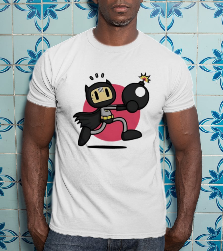 Batman Meets Bomberman Crossover With Iconic Superhero Cape And Explosive Action T-Shirt