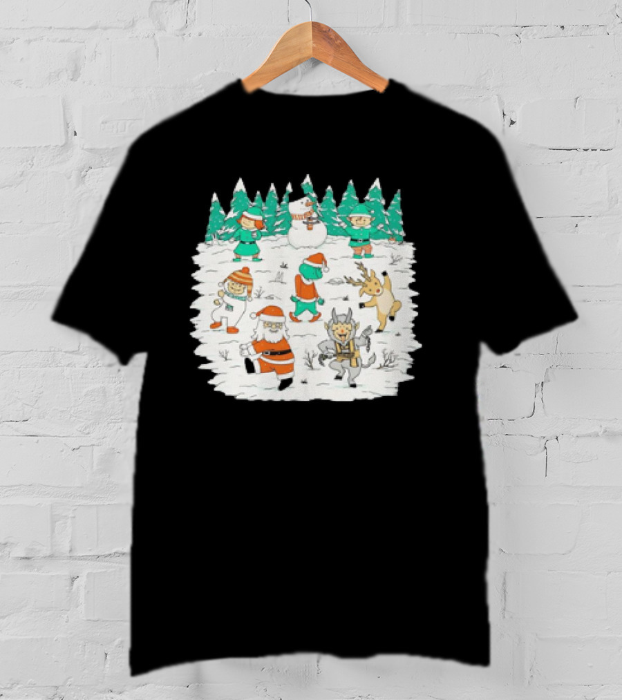 Christmas Dance Party With Santa, Krampus, Grinch, Snowman, And Reindeer In Winter Forest T-Shirt