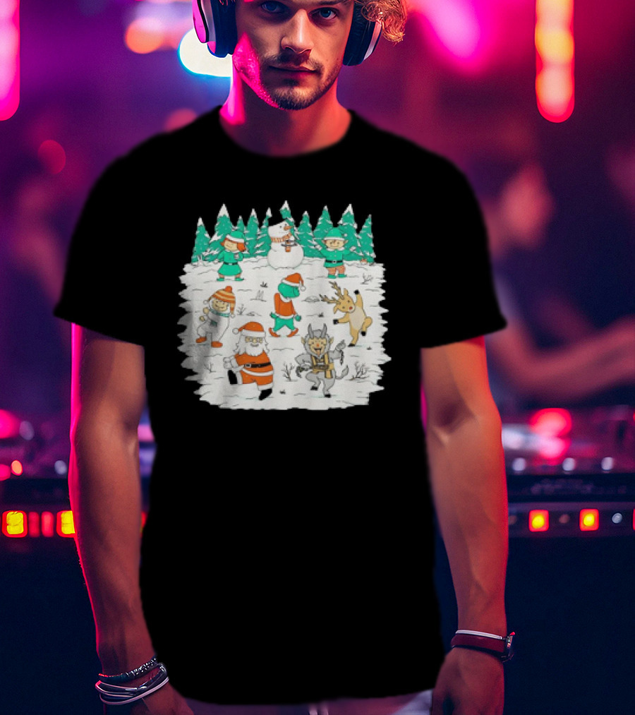 Christmas Dance Party With Santa, Krampus, Grinch, Snowman, And Reindeer In Winter Forest T-Shirt