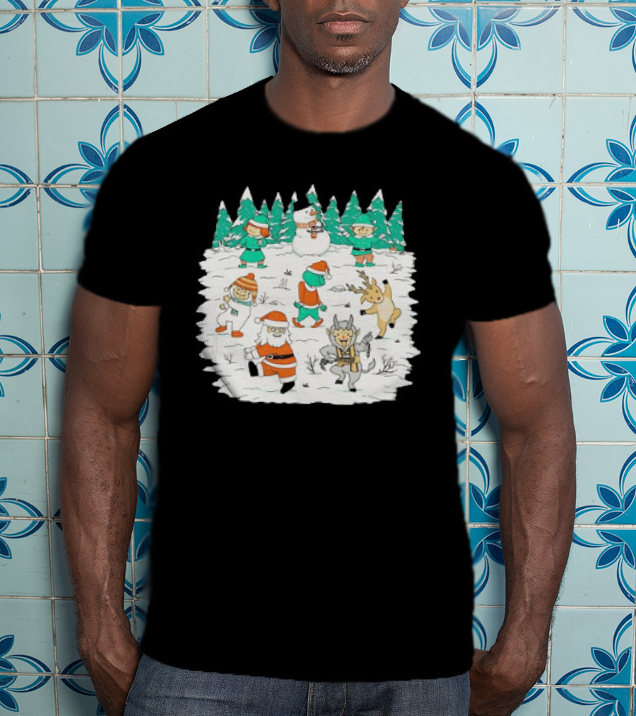 Christmas Dance Party With Santa, Krampus, Grinch, Snowman, And Reindeer In Winter Forest T-Shirt