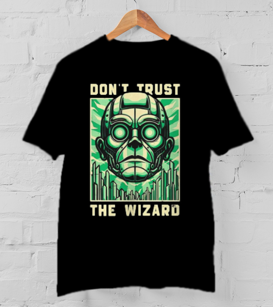 Don't Trust The Wizard Futuristic Metallic Face With Green Shards T-Shirt