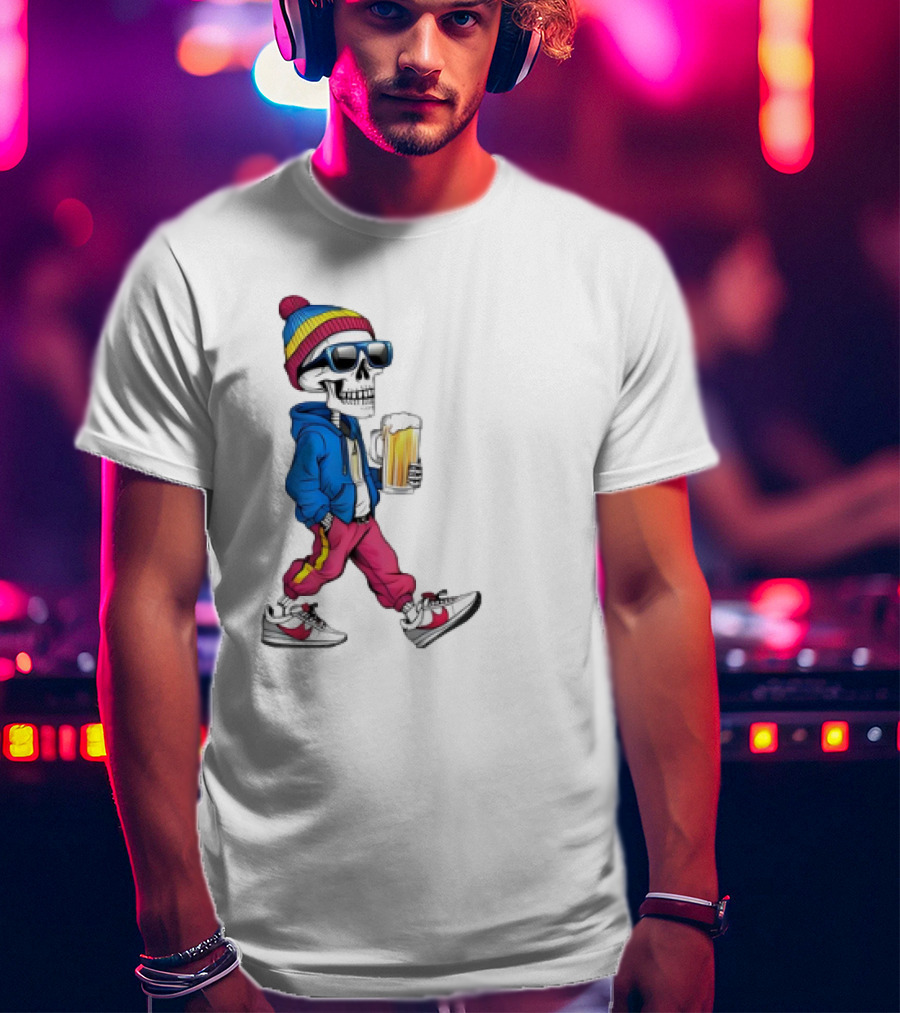 Skeleton Somewhere It's Beer Time Walking With A Mug T-Shirt