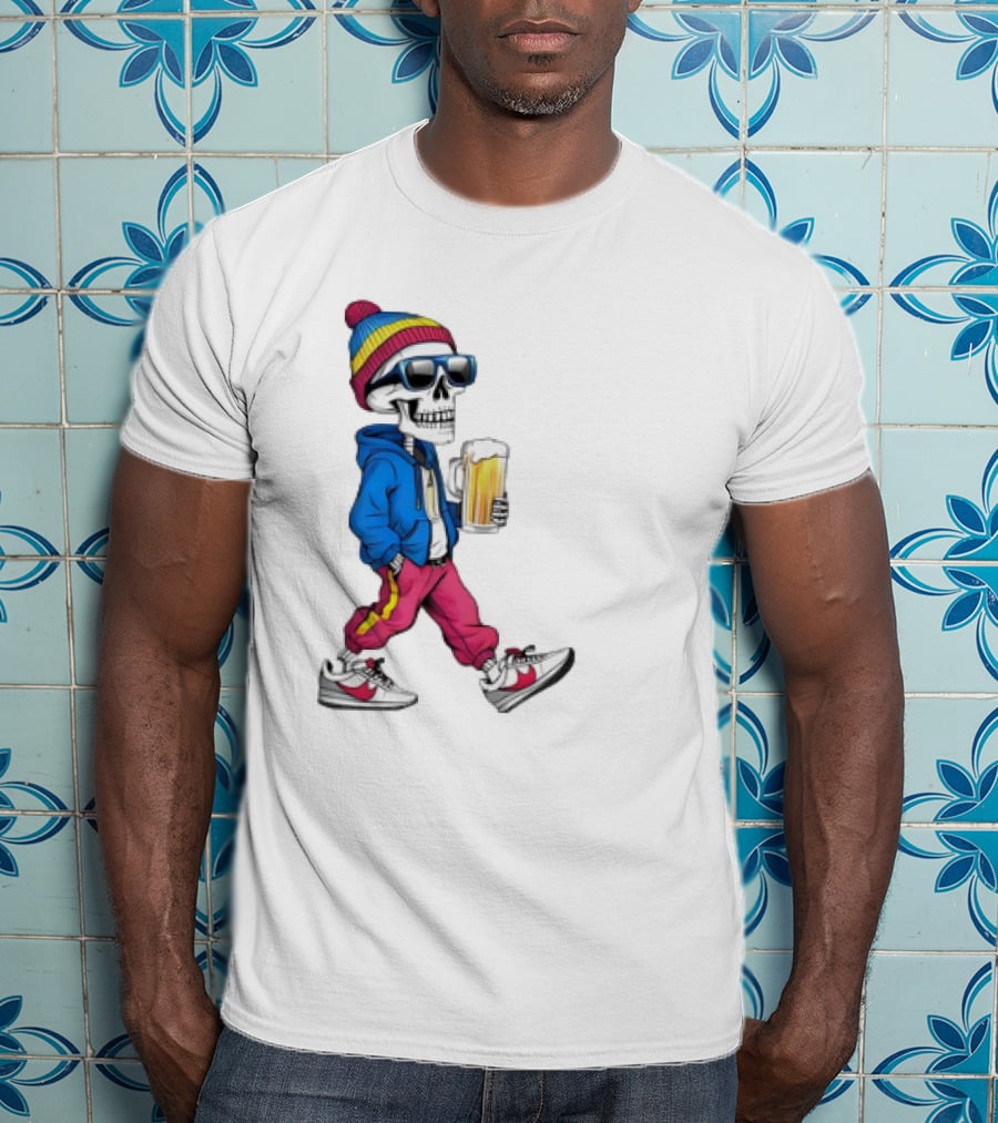 Skeleton Somewhere It's Beer Time Walking With A Mug T-Shirt
