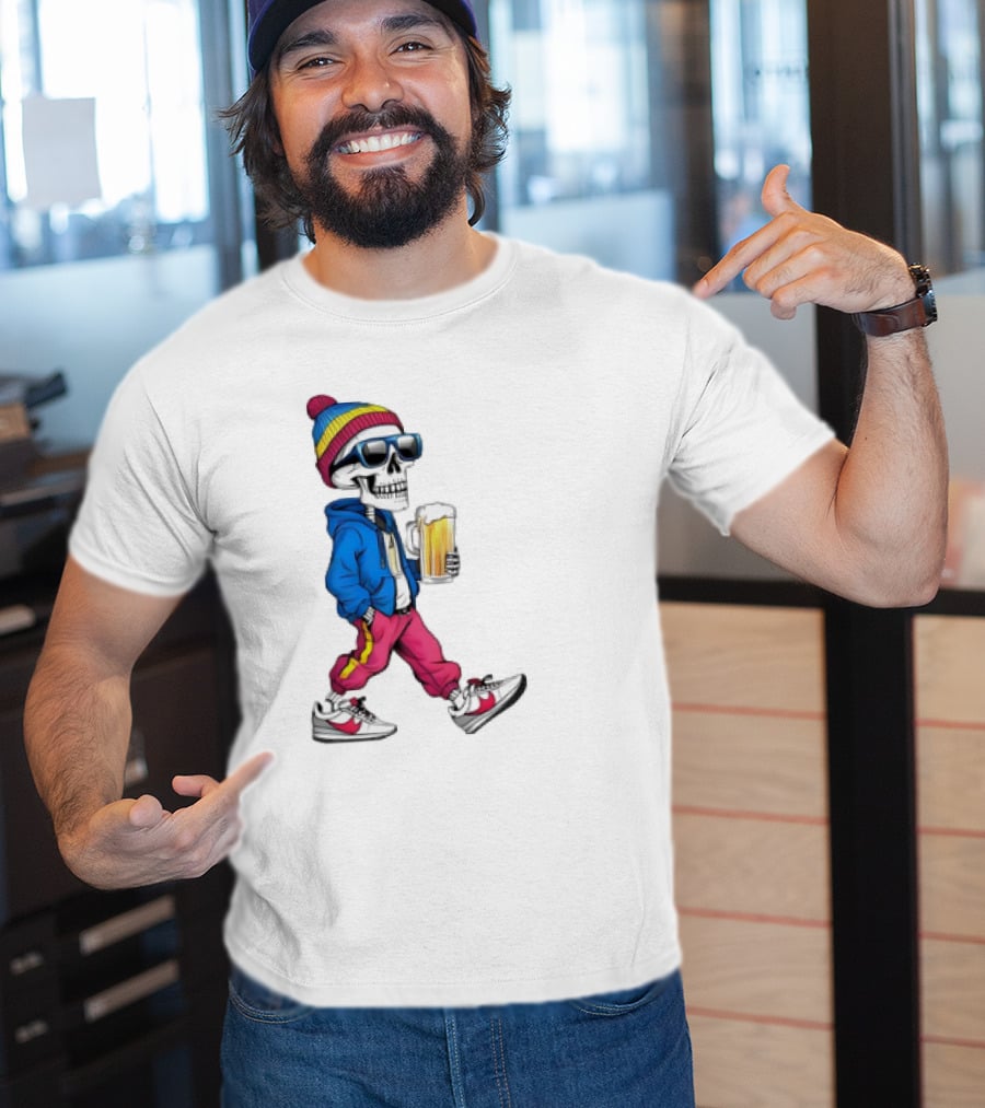 Skeleton Somewhere It's Beer Time Walking With A Mug T-Shirt