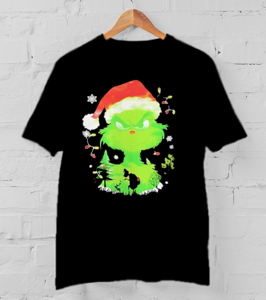 Grinch In Santa Hat Surrounded By Snowflakes And Christmas Lights T-Shirt