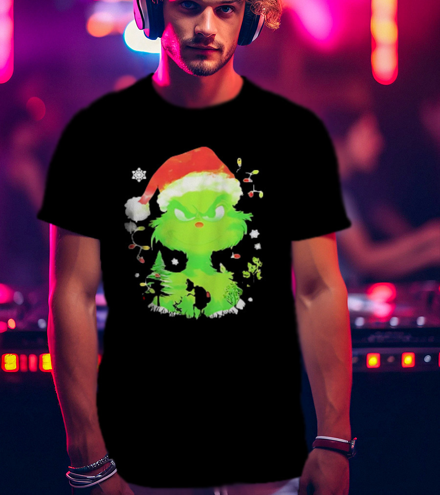 Grinch In Santa Hat Surrounded By Snowflakes And Christmas Lights T-Shirt