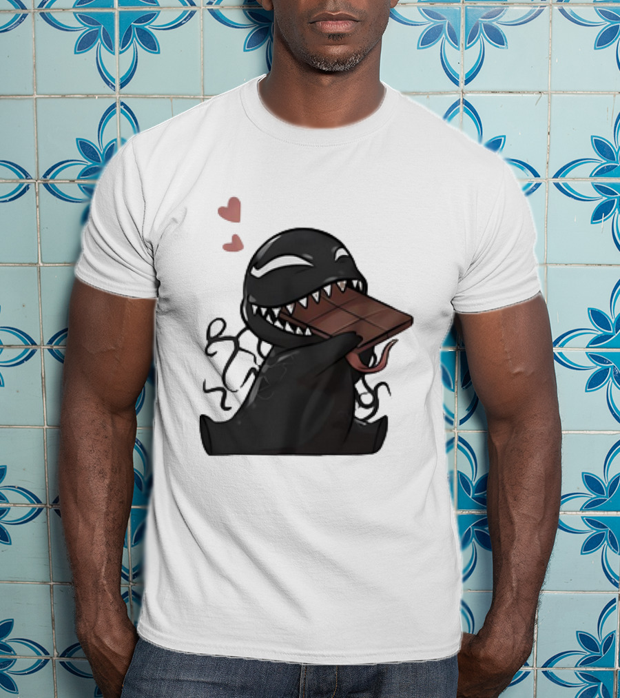Venom Eating Chocolate Cartoon Meme With Hearts T-Shirt