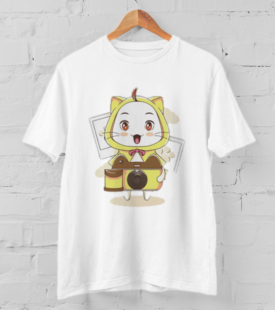 White Cat With Classic Camera Drawing T-Shirt