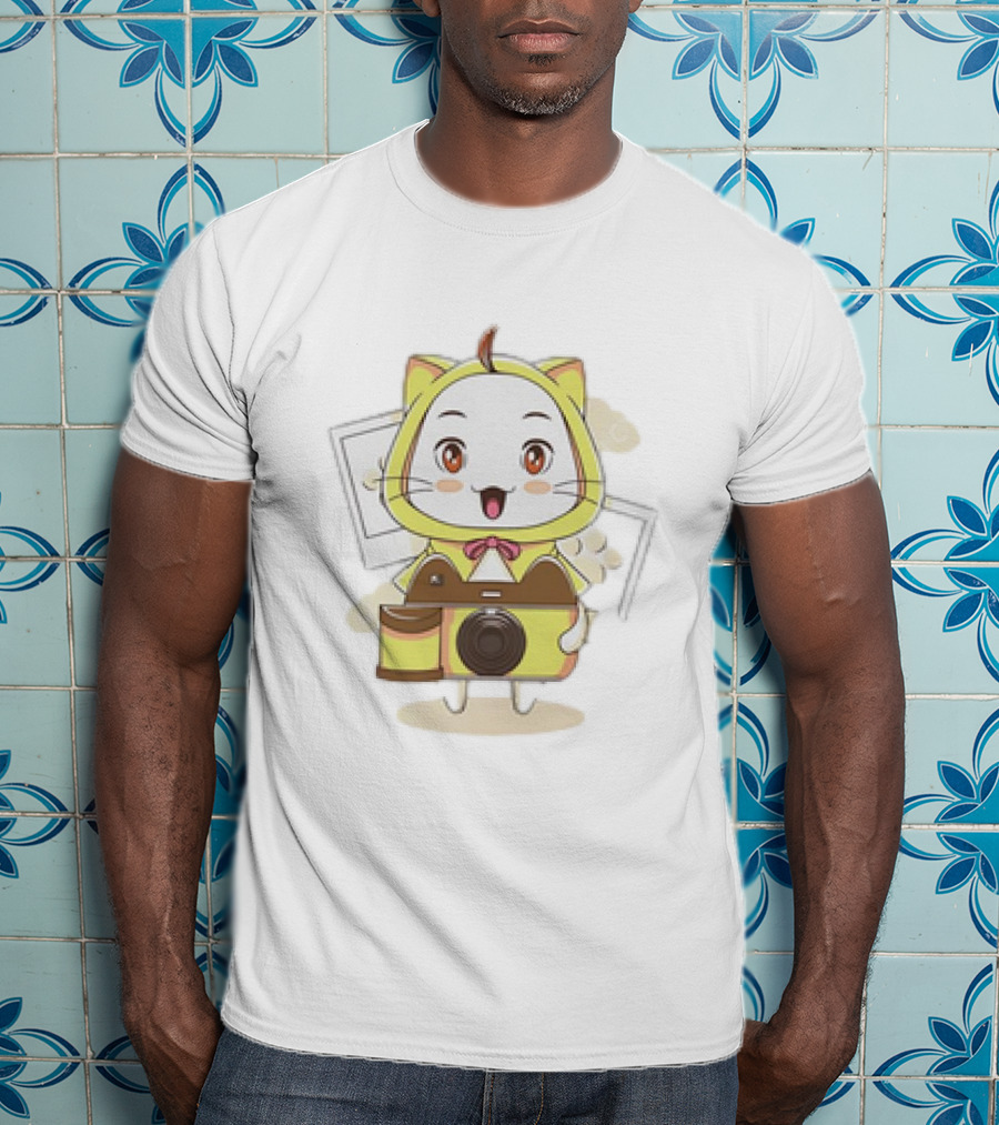 White Cat With Classic Camera Drawing T-Shirt