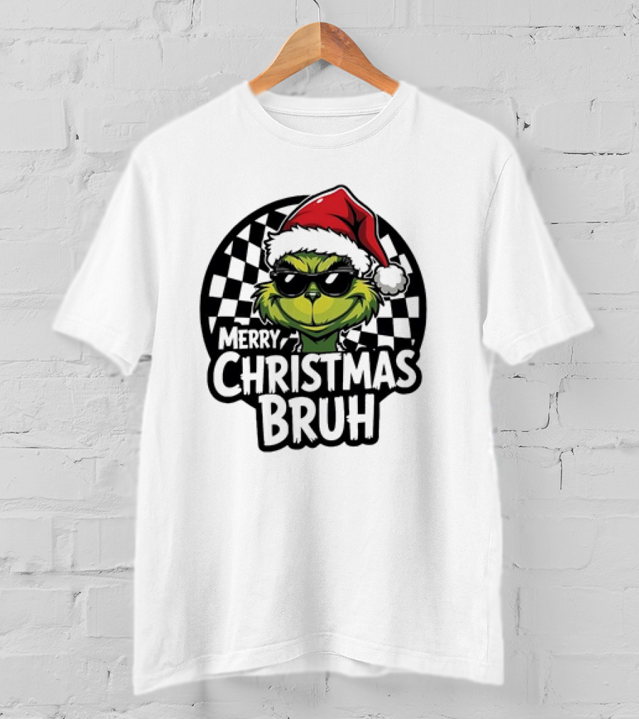Merry Christmas Bruh Grinch With Santa Hat And Checkered Flags T-Shirt