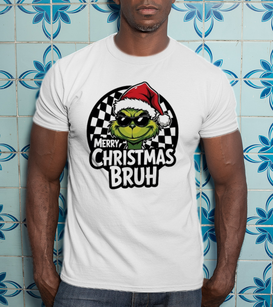 Merry Christmas Bruh Grinch With Santa Hat And Checkered Flags T-Shirt