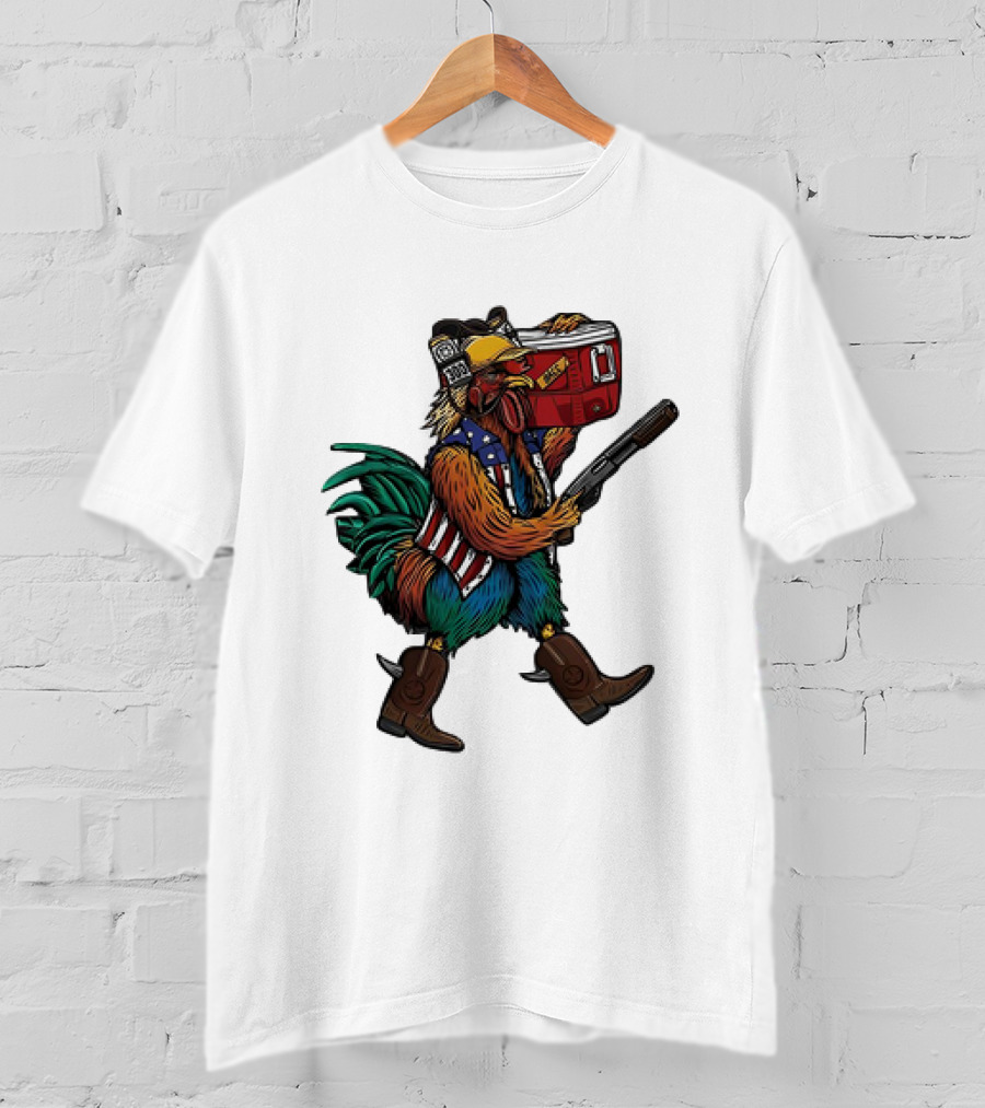 Merica Tacticock Chicken Patriotic Rooster With Beer Cooler And Shotgun T-Shirt