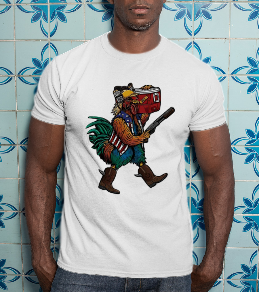 Merica Tacticock Chicken Patriotic Rooster With Beer Cooler And Shotgun T-Shirt
