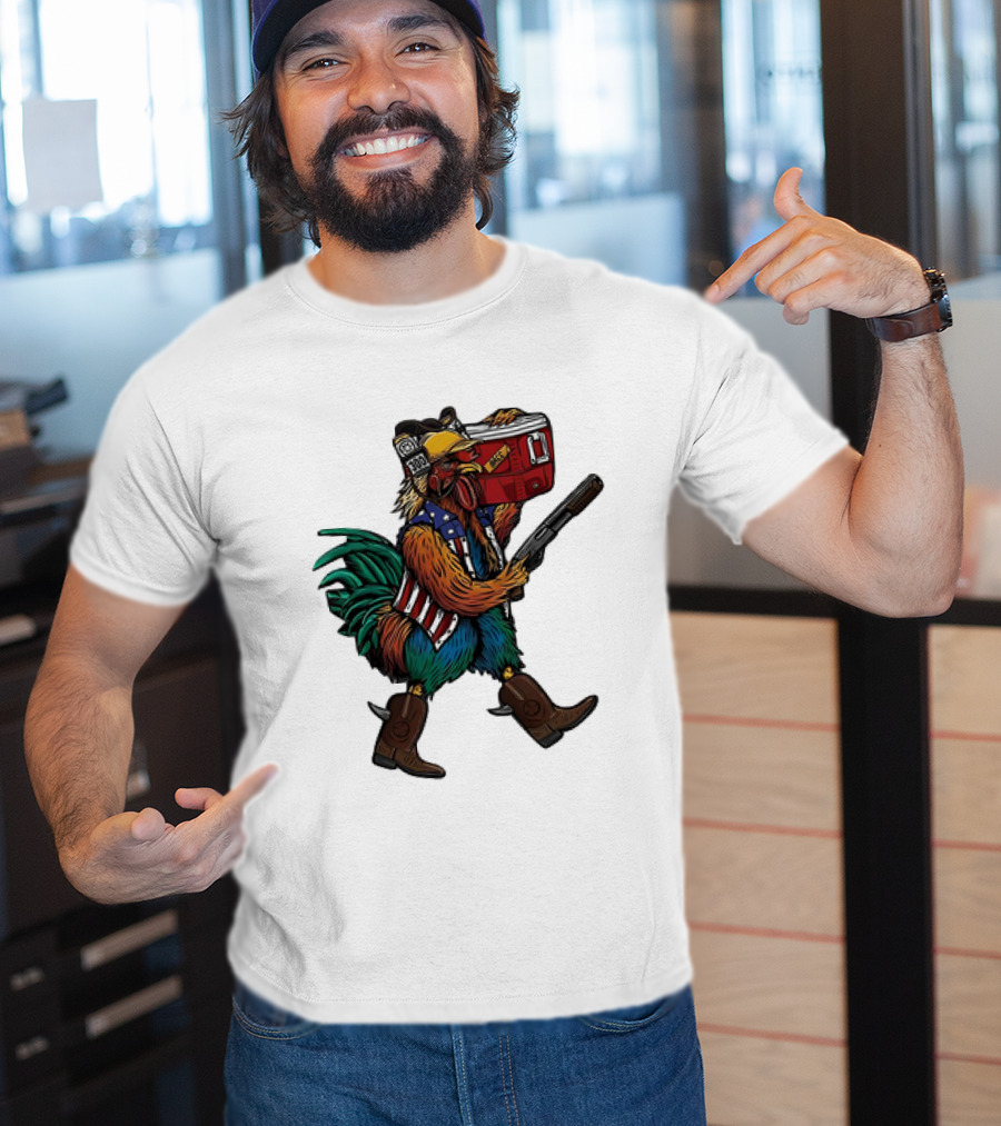 Merica Tacticock Chicken Patriotic Rooster With Beer Cooler And Shotgun T-Shirt