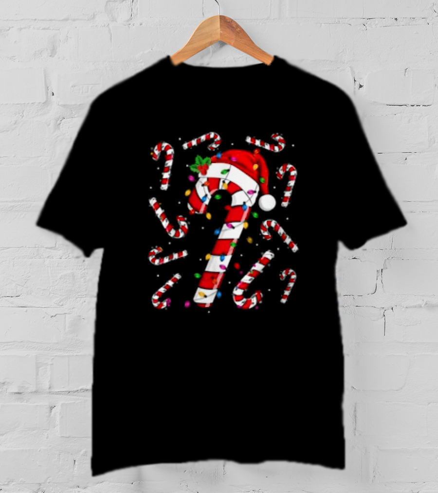 Santa Hat Red And White Candy Cane With Colorful Christmas Lights T-Shirt