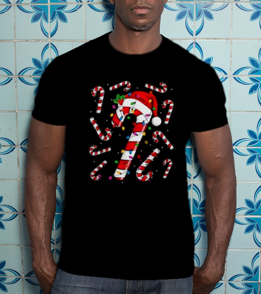 Santa Hat Red And White Candy Cane With Colorful Christmas Lights T-Shirt
