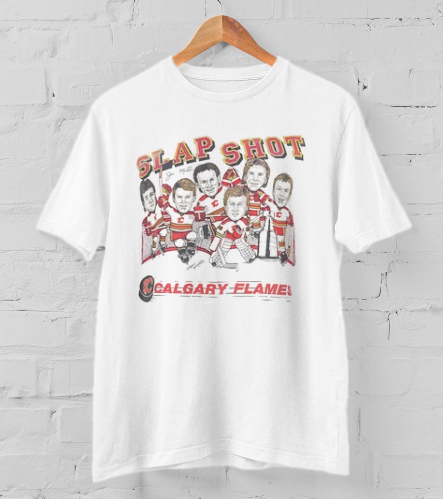 Calgary Flames NHL Hockey Team Slap Shot Caricature Vintage T-Shirt