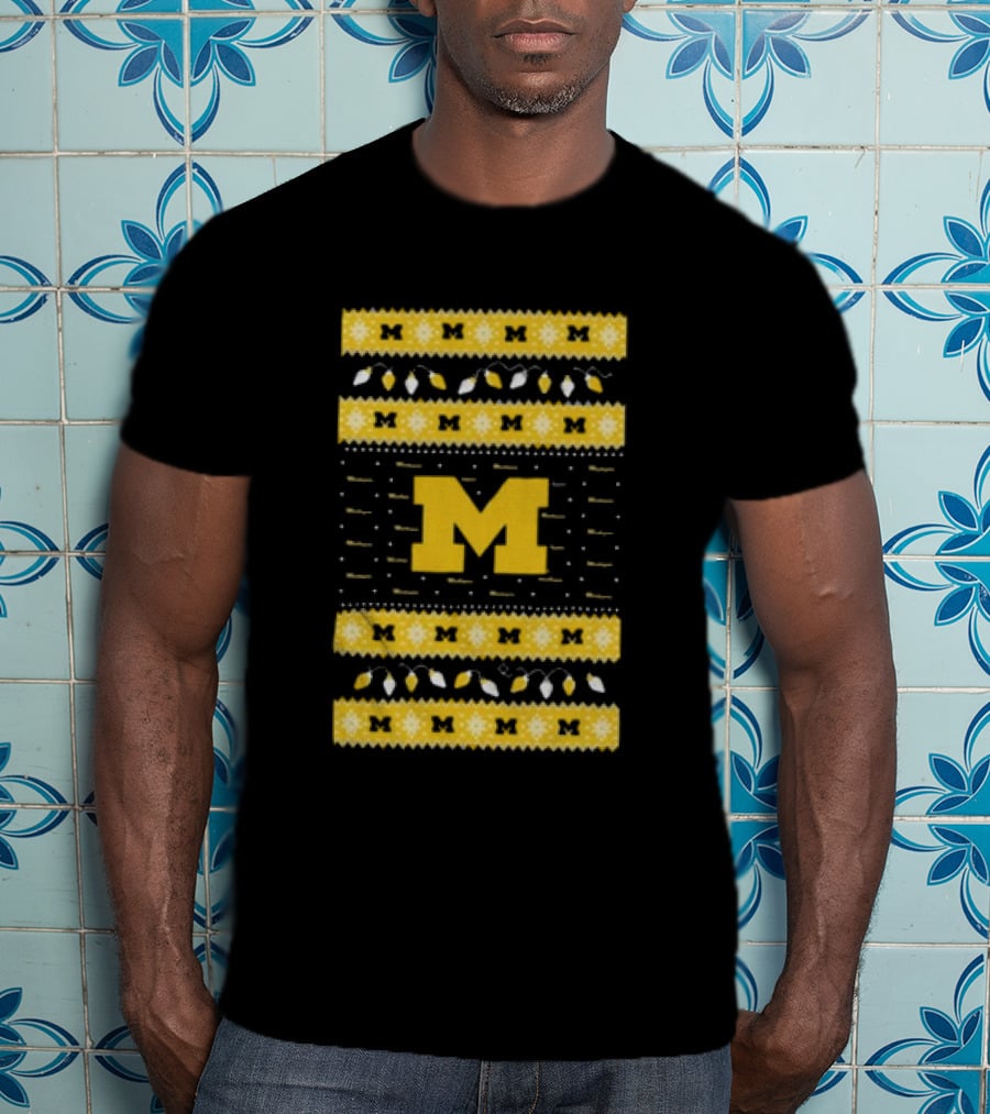 Michigan Wolverines Ugly Christmas Sweater Lights T-Shirt
