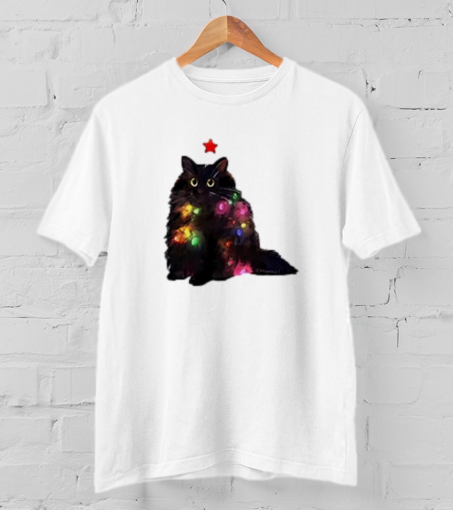 Black Cat Wrapped In Colorful Christmas Lights With Red Star T-Shirt
