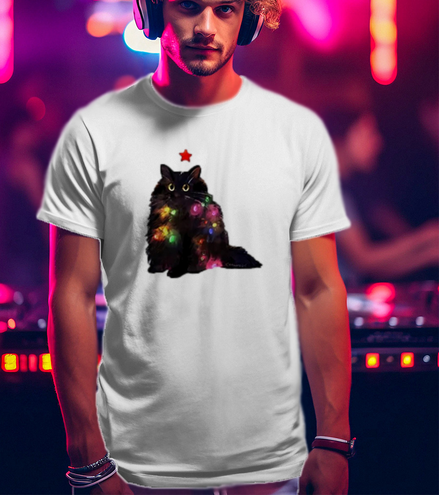 Black Cat Wrapped In Colorful Christmas Lights With Red Star T-Shirt