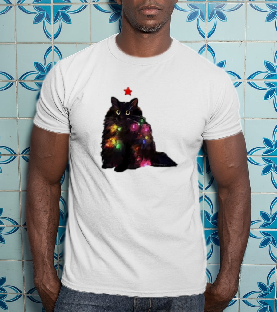 Black Cat Wrapped In Colorful Christmas Lights With Red Star T-Shirt