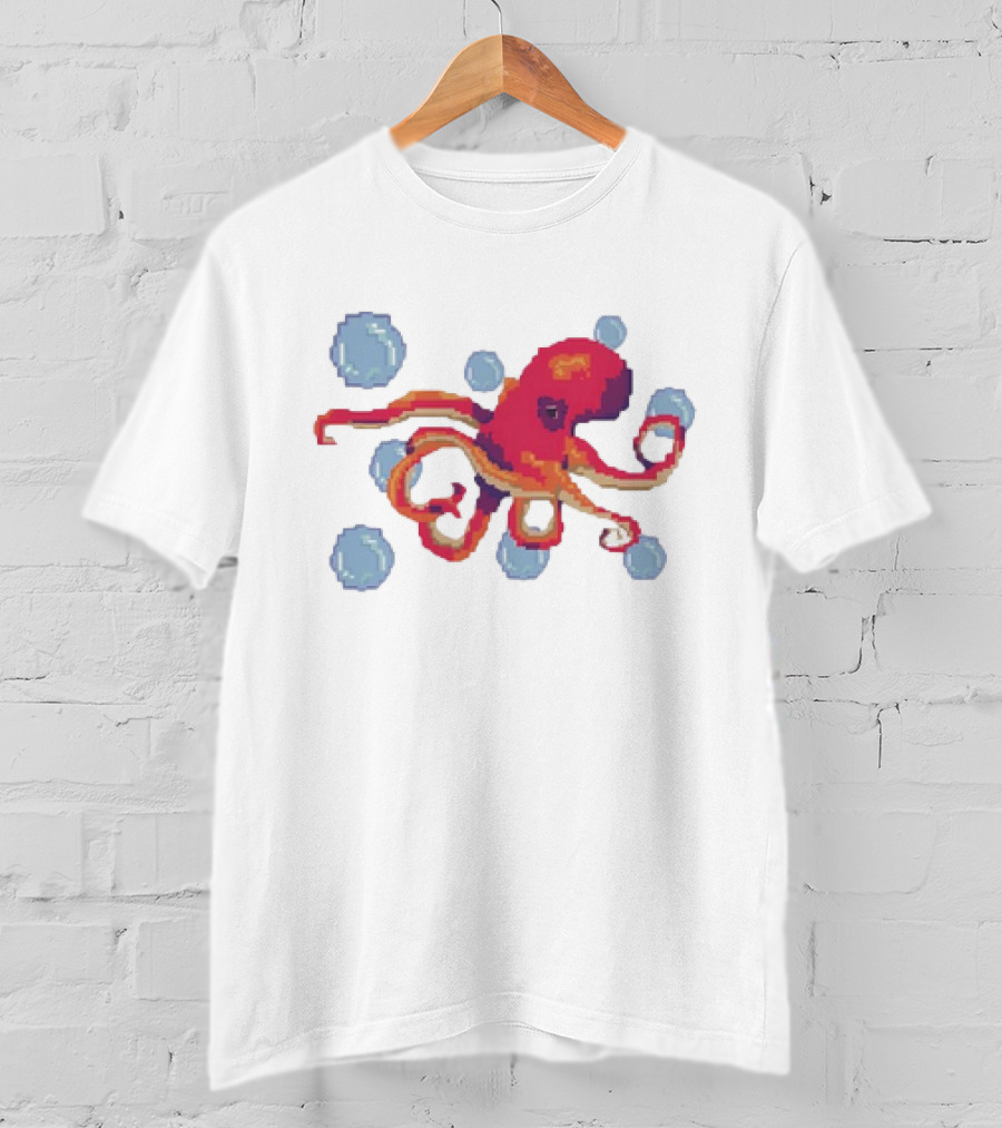 Octopus Swimming Through Blue Bubbles Pixel T-Shirt