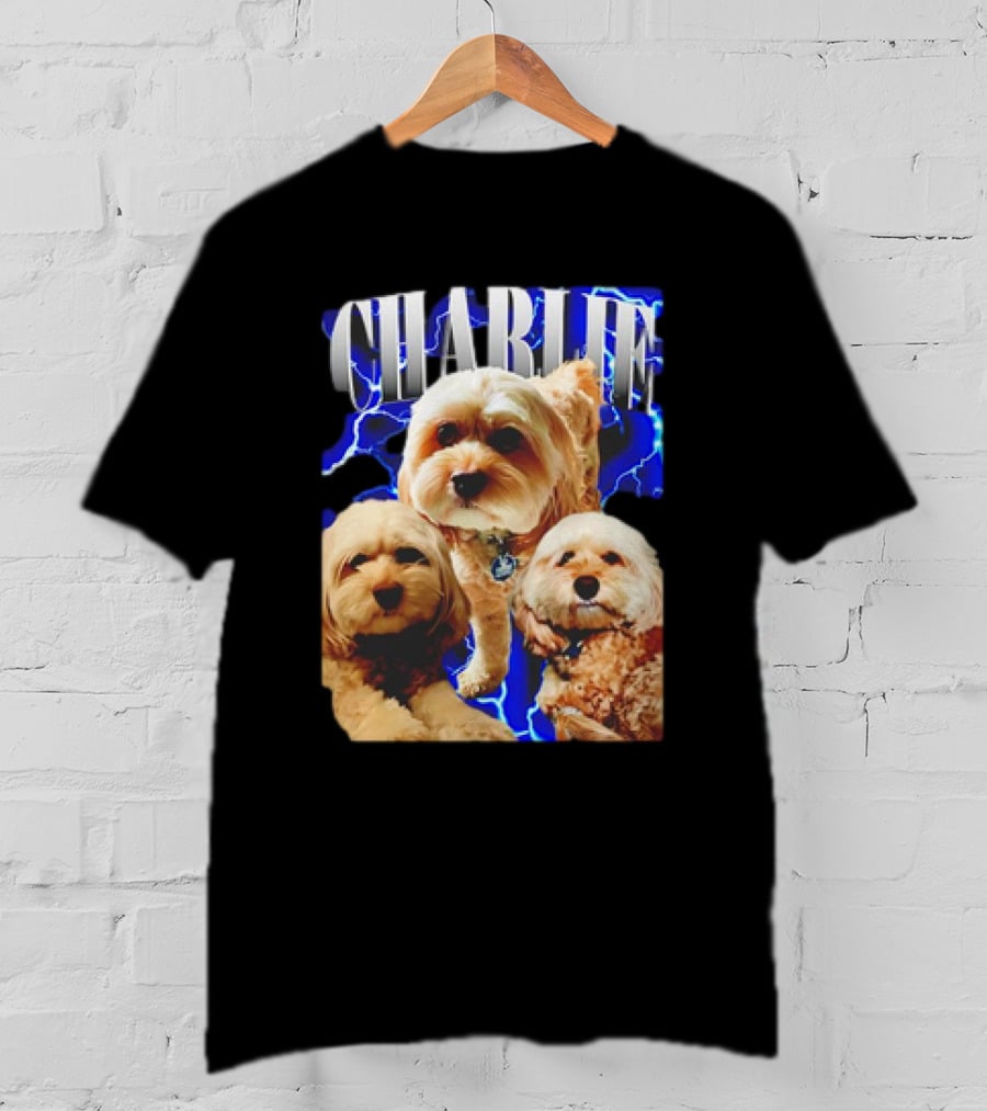 Charlie Three Dogs Blue Lightning Background T-Shirt