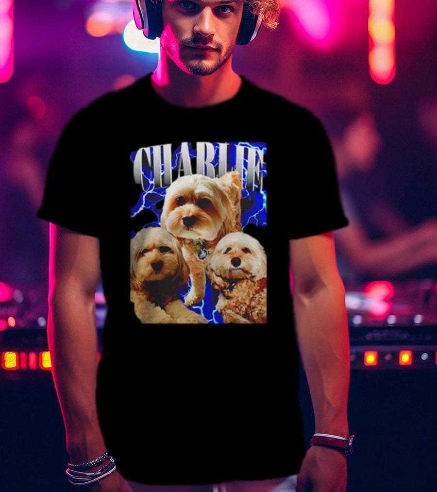 Charlie Three Dogs Blue Lightning Background T-Shirt
