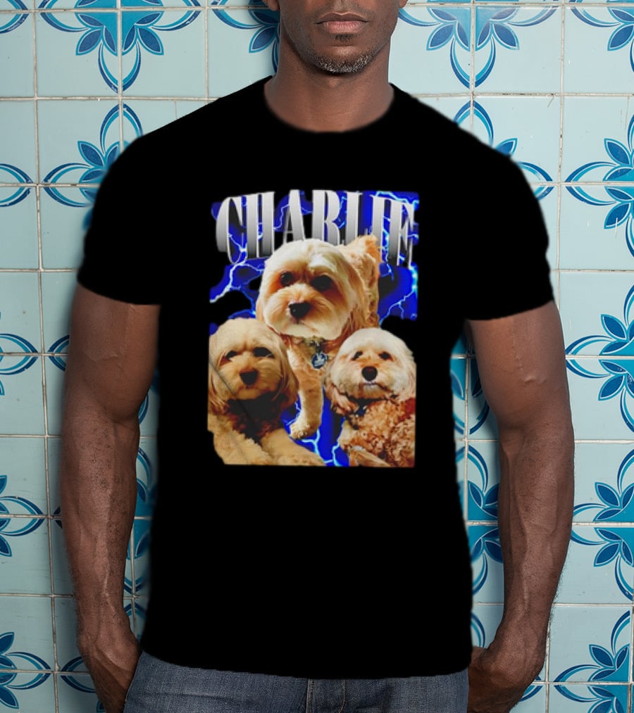 Charlie Three Dogs Blue Lightning Background T-Shirt