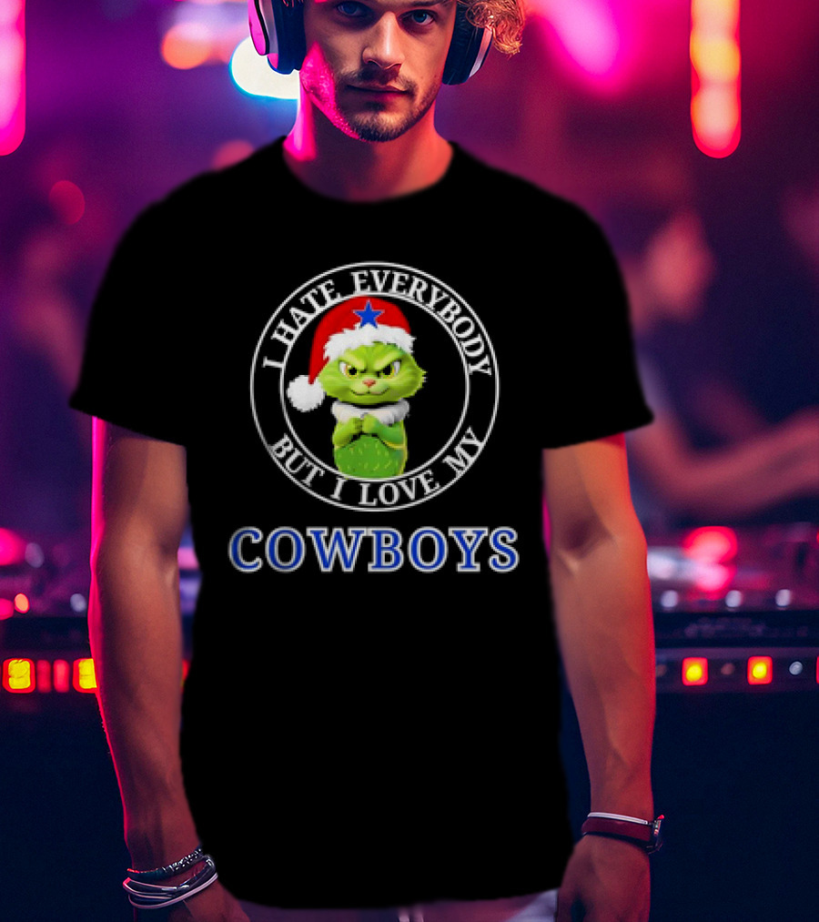 I Hate Everybody But I Love My Cowboys Grinchy Cat Christmas Santa Hat T-Shirt